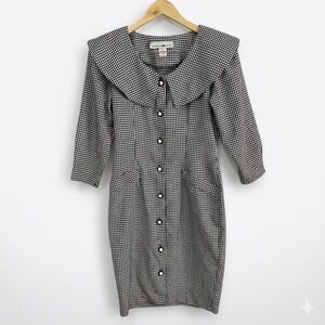 VTG Jonathan Martin Houndstooth Dress Pearl Button Statement Collar 9/10 Retro